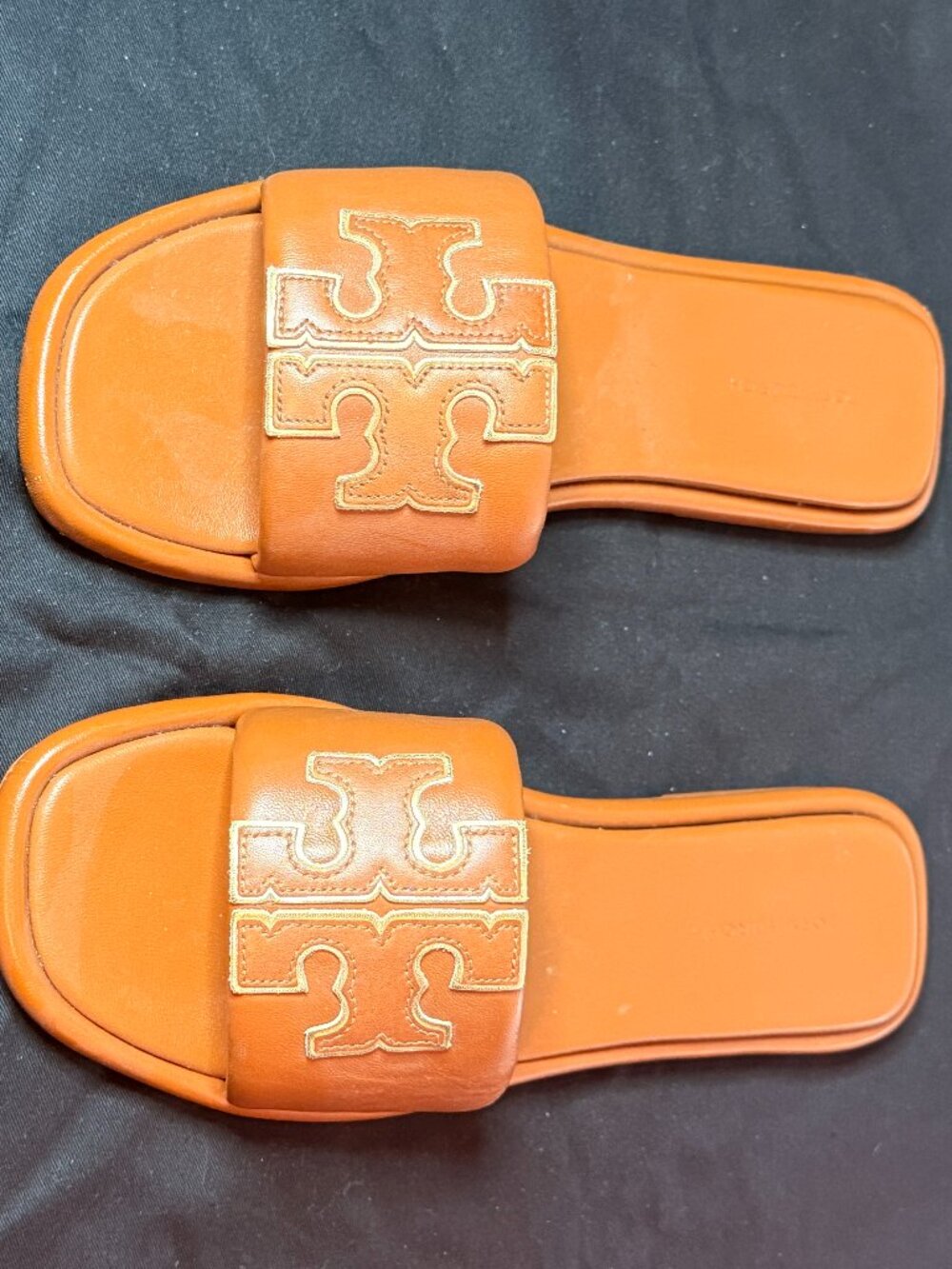Tory Burch Double T Sport Slide in the bourbon miele and gold colorway